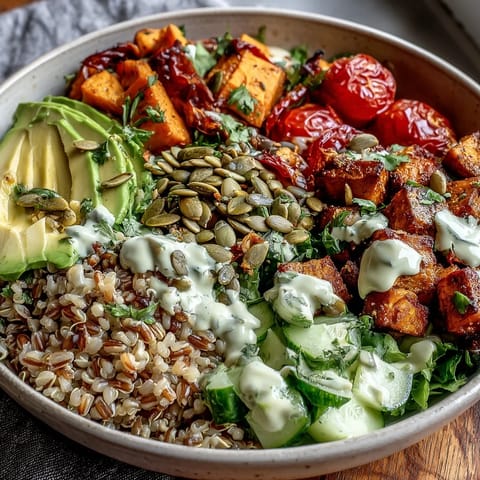 Colorful Customizable Grain Bowl featuring chicken, avocado slices, and fresh herbs, arranged on a bed of fluffy quinoa.