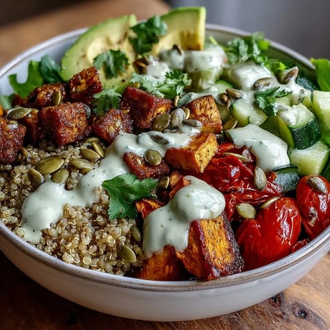 A vibrant Customizable Grain Bowl with roasted sweet potatoes, cucumber, and feta cheese, drizzled with creamy tahini dressing.