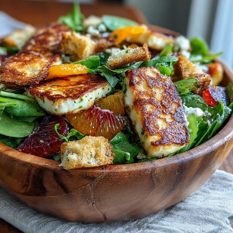 Golden-fried halloumi and blood orange segments rest on mixed greens for Halloumi Blood Orange Fattoush.