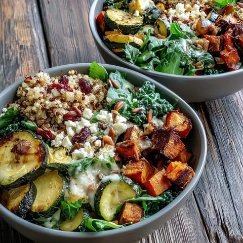 Close-up of a warm salad bowl filled with fluffy quinoa, roasted sweet potatoes, red bell peppers, and wilted spinach, all drizzled with a vibrant warm vinaigrette.