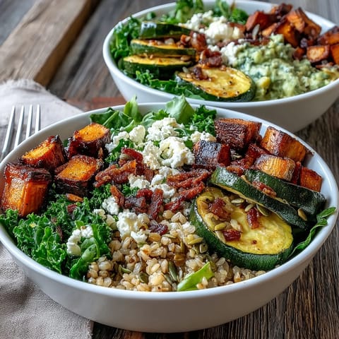 Overhead view of a nourishing Warm Salad Bowl topped with crumbled feta, toasted pumpkin seeds, and fresh herbs, served alongside a glass of herbal iced tea.