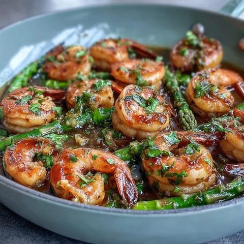 One-pan lemon garlic shrimp and asparagus with bright citrus flavor and tender roasted vegetables.