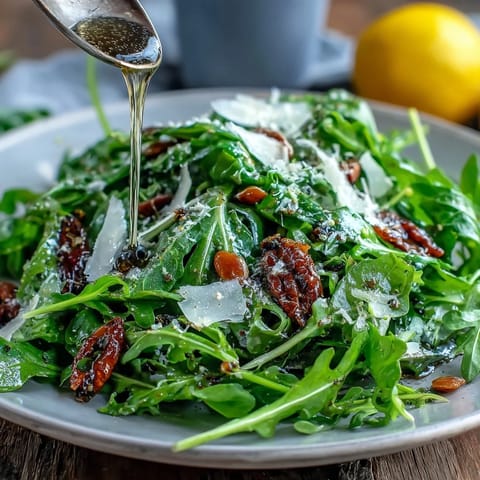 Fresh arugula salad with tangy lemon vinaigrette and shaved Parmesan cheese, a bright and zesty side dish perfect for summer meals.