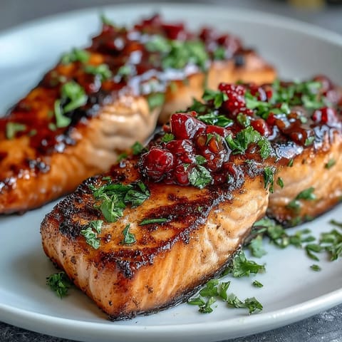 Juicy salmon with smoky char, crowned by a sweet and tangy strawberry salsa for a bright, healthy meal.  