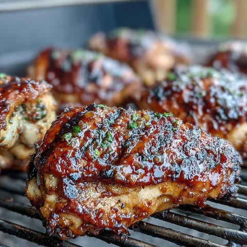 Grilled honey garlic chicken thighs with caramelized glaze and juicy texture on a summer platter.