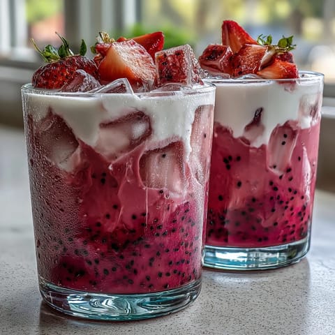 Refreshing dragon fruit and coconut milk refresher with vibrant pink hue and tropical flavor