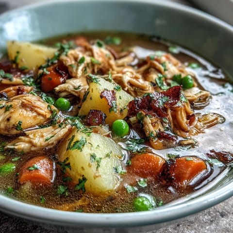 Slow Cooker Chicken Pot Pie Soup with tender chicken, vegetables, and creamy broth in a bowl.
