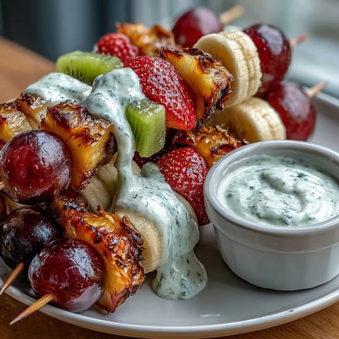 Colorful bento box with fruit skewers and yogurt dip, perfect for a fun and healthy kid's lunch.  