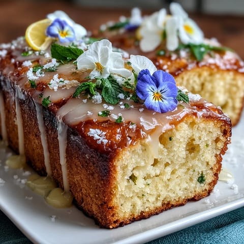 Mother's Day Lemon Drizzle Cake with Edible Flowers, a moist lemon cake topped with tangy glaze and delicate edible blooms for a beautiful celebration dessert.