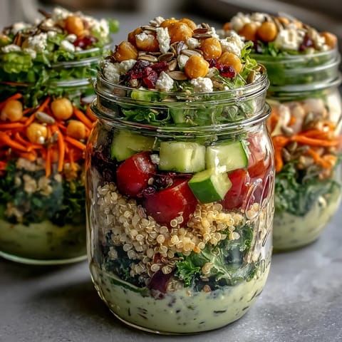 Layered mason jar salads with quinoa, chickpeas, and fresh vegetables for healthy meal prep.
