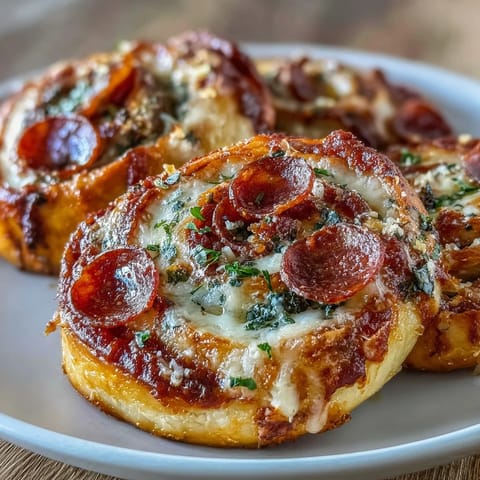 Warm, cheesy pizza pinwheels baked to golden perfection, packed with pepperoni and mozzarella for a savory appetizer.  