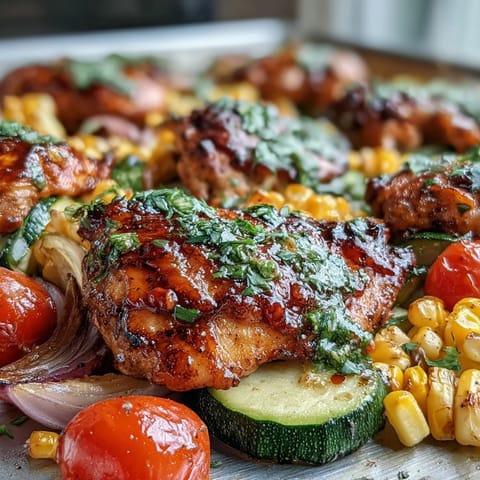 Juicy chicken breasts roasted with zucchini, sweet corn, and cherry tomatoes for a colorful, healthy sheet pan dinner.