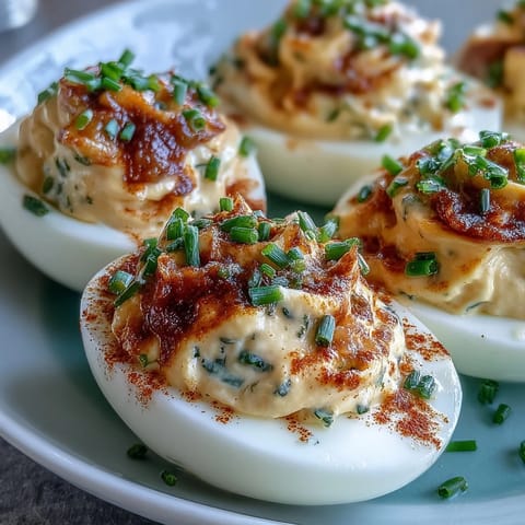 Classic deviled eggs with paprika and chives, creamy yolk filling piped into halved whites, topped with smoky spice and fresh herbs.