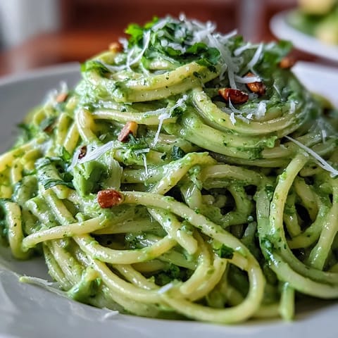 Vibrant Creamy Avocado Pesto Pasta, a quick no-cook sauce over al dente spaghetti.