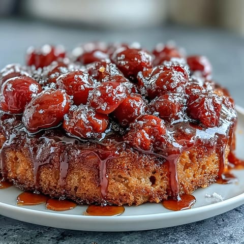 Caramelized cherry almond upside-down cake glistening, a sweet, moist dessert.