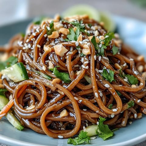 Delicious cold soba noodle salad with colorful veggies tossed in tangy dressing, ready to serve.