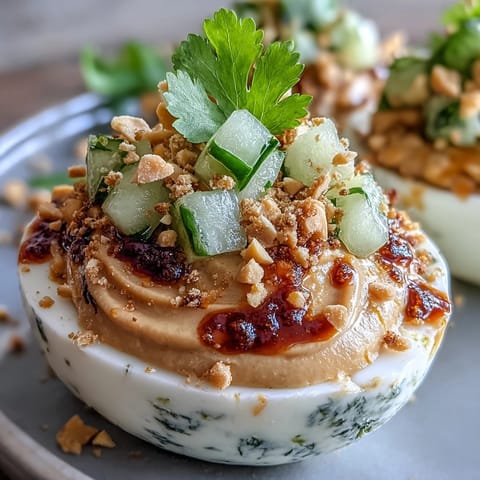 Creamy Thai Peanut Deviled Eggs with cucumber relish, a flavorful appetizer.