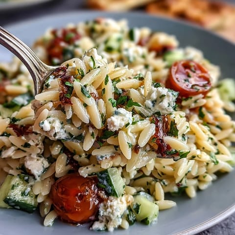 Vibrant orzo salad with cucumber, feta, and lemon dressing, bursting with fresh flavors.