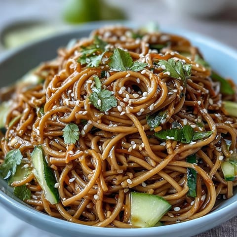 Cold soba noodle salad with sesame ginger dressing, a vibrant and crisp summer side dish.