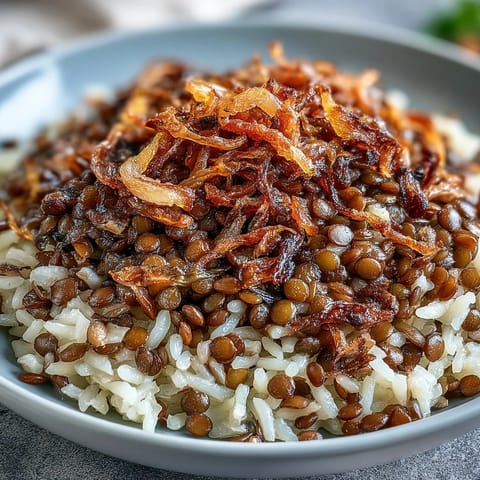 Levantine Mujadara with golden crispy onions and fluffy lentil rice.