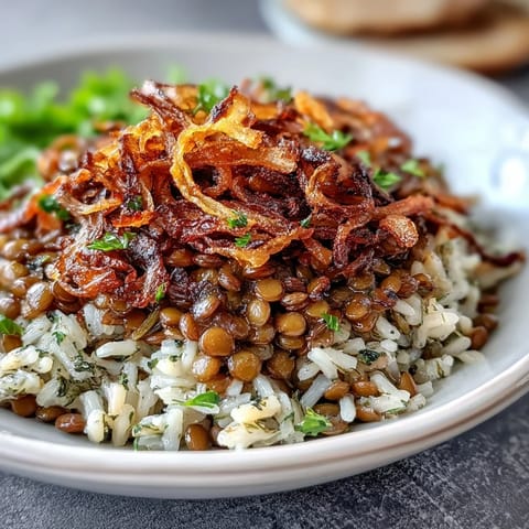 Tender Levantine Mujadara, a comforting rice and lentil dish topped with fried onions.