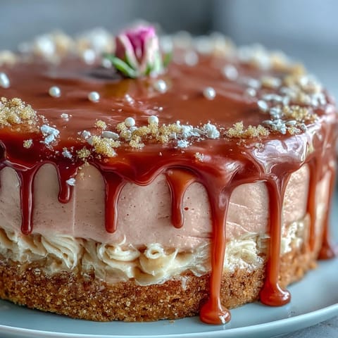 Elegant pink Rosé Velvet Cake with glistening gold drip cascade.