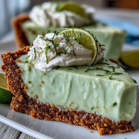 No-Bake Key Lime Pie: creamy, tangy filling on crisp graham cracker crust.