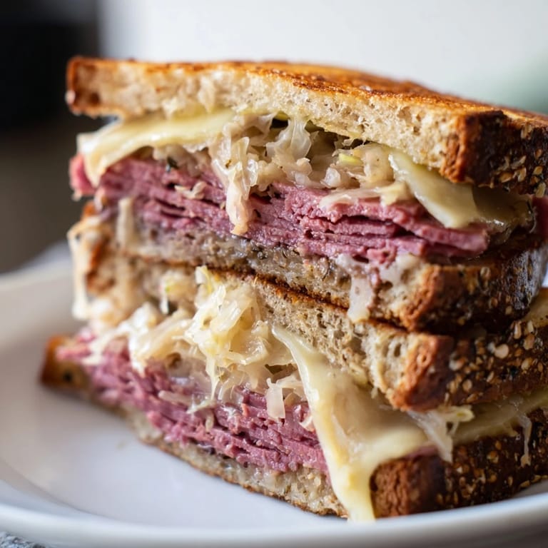 The iconic Reuben Sandwich resting on a checkered tablecloth, served with dill pickles and potato chips.