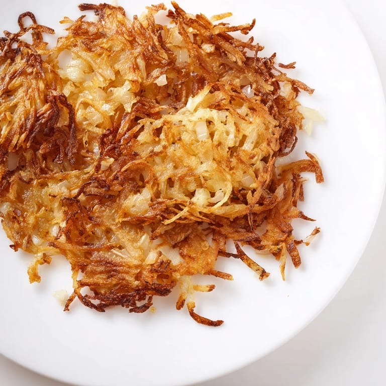 A close-up of crispy shredded Hash Browns on a plate, garnished with fresh chives for a savory bite.