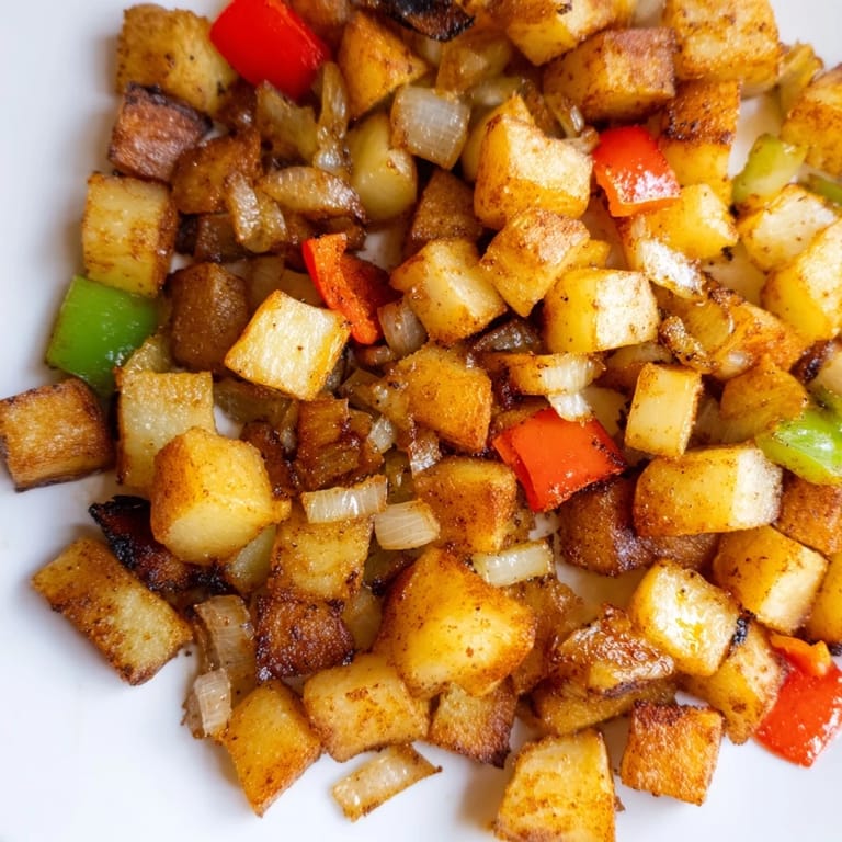 Tender russet potato cubes sizzling with bell peppers and onions in a cast iron skillet.