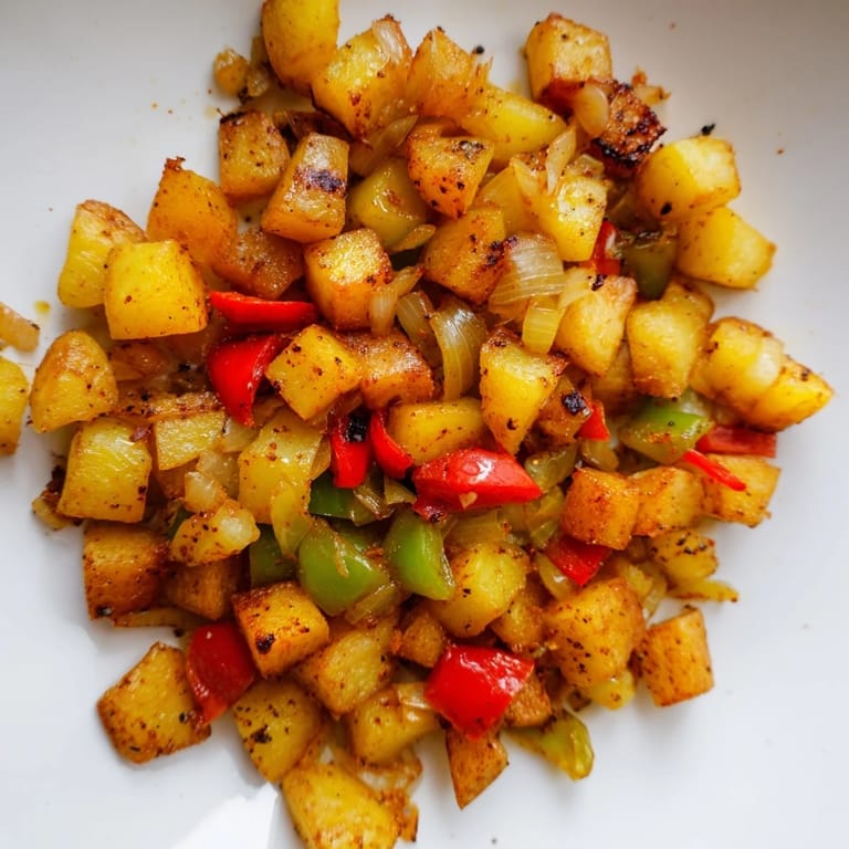 Rustic skillet of home fries topped with chopped parsley, ideal for breakfast with scrambled eggs.