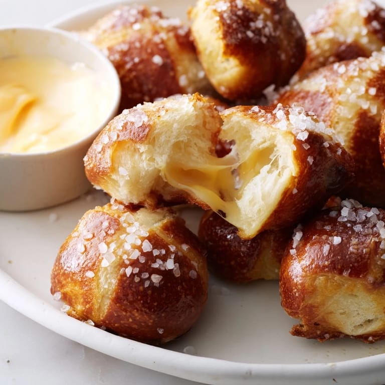 Pretzel bites with warm, gooey cheese dip garnished with parsley on a white plate for serving.