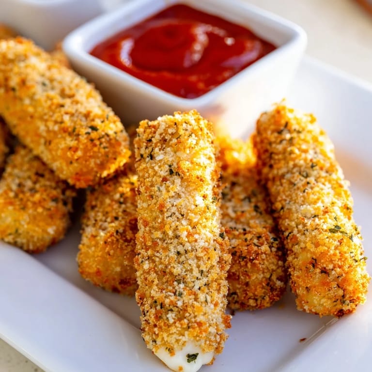 Homemade Mozzarella Sticks plated on a wooden board, garnished with herbs alongside marinara dipping sauce.