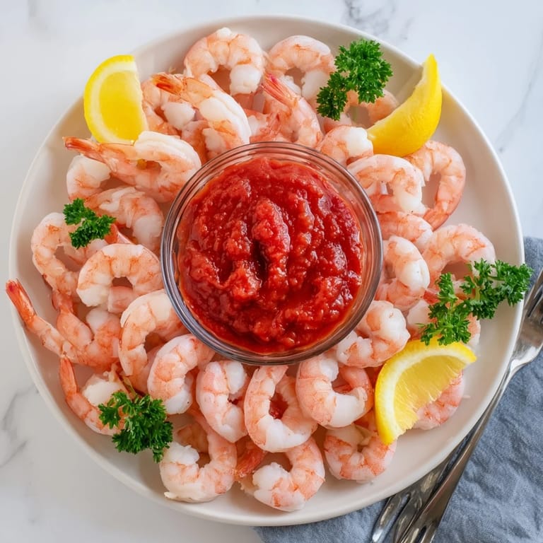 Classic Shrimp Cocktail recipe featuring plump, juicy shrimp tails nestled over ice, accompanied by a tangy homemade sauce with a hint of horseradish.