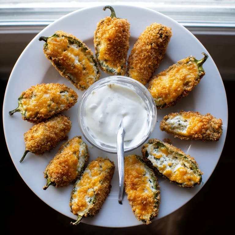 Freshly fried jalapeño poppers with melty cheddar filling and ranch dressing.