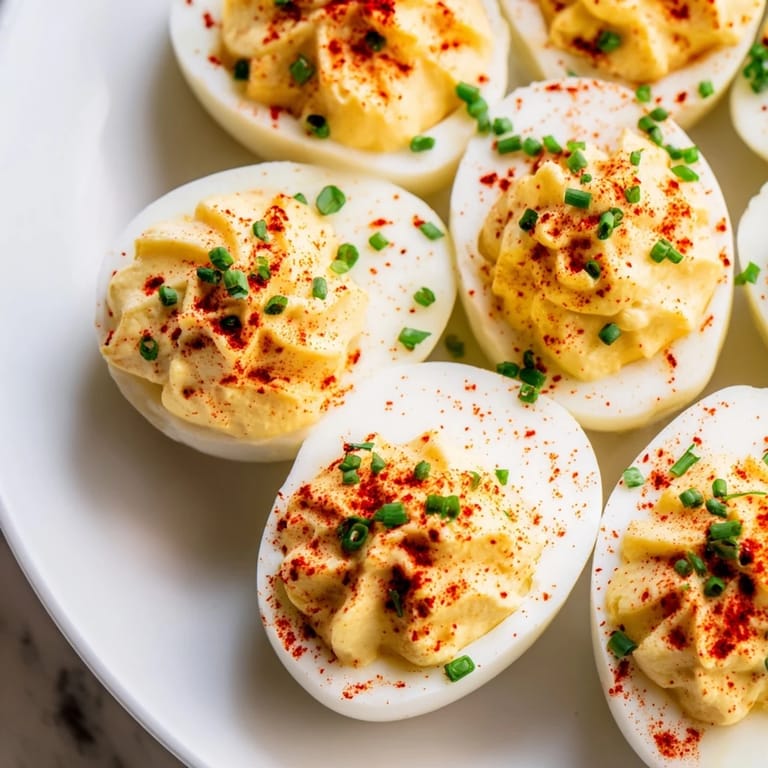 Classic American deviled eggs with chives, served on a chilled platter.  