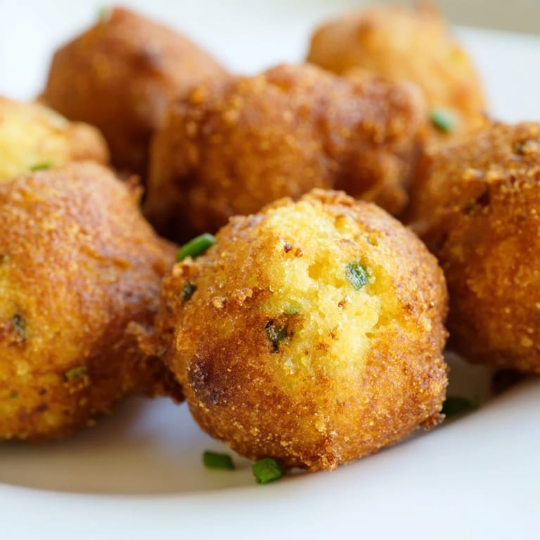 Freshly fried hushpuppies served on a plate beside crispy fried fish.