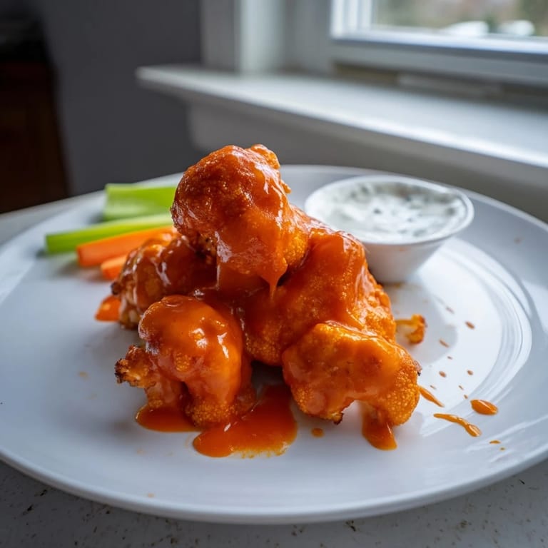 Close-up of golden Buffalo Cauliflower Wings with a crunchy batter, showcasing juicy florets and a vibrant buffalo glaze for game day snacking.