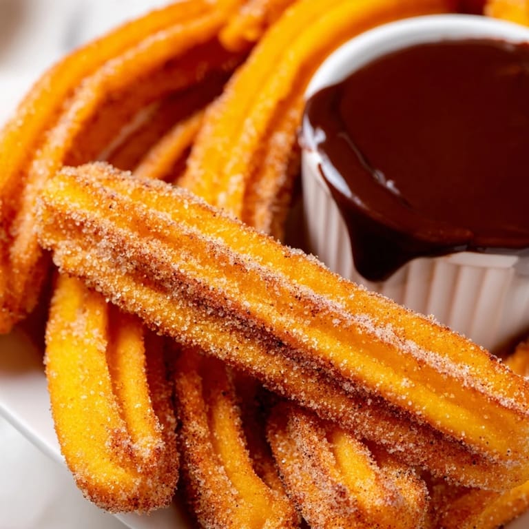 Spanish-style cinnamon-sugar churros stacked high, accompanied by a creamy chocolate dip for a decadent dessert.