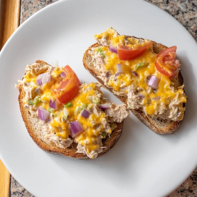 Broiled Tuna Melt open-faced sandwich with golden, bubbly cheese, perfect for a comforting lunch or dinner.