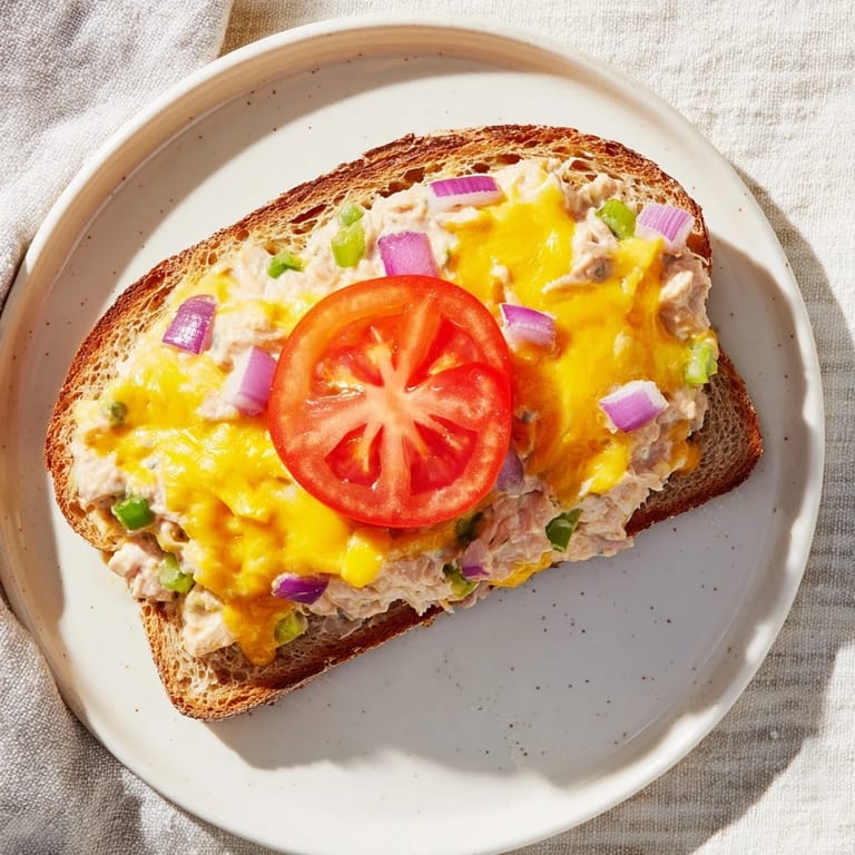 A classic Tuna Melt sandwich on toasted bread, served warm with crispy edges and creamy filling.