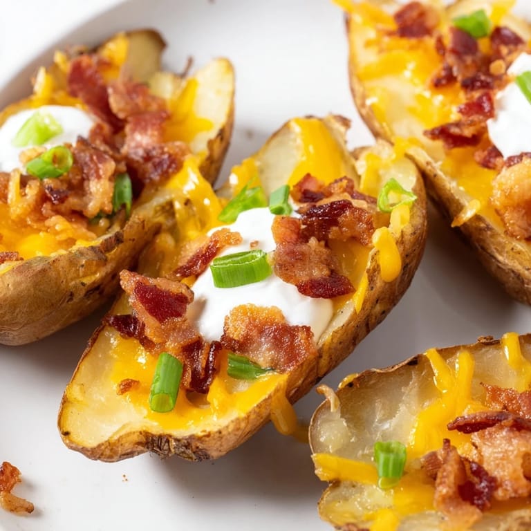 Golden Potato Skins loaded with gooey cheese and bacon crumbles, served hot with sour cream on a wooden plate.