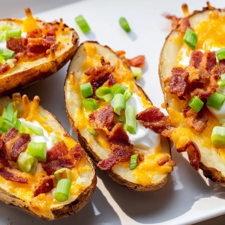 Rustic Potato Skins with crunchy skins and melted cheddar, garnished with green onions for an easy gluten-free appetizer.