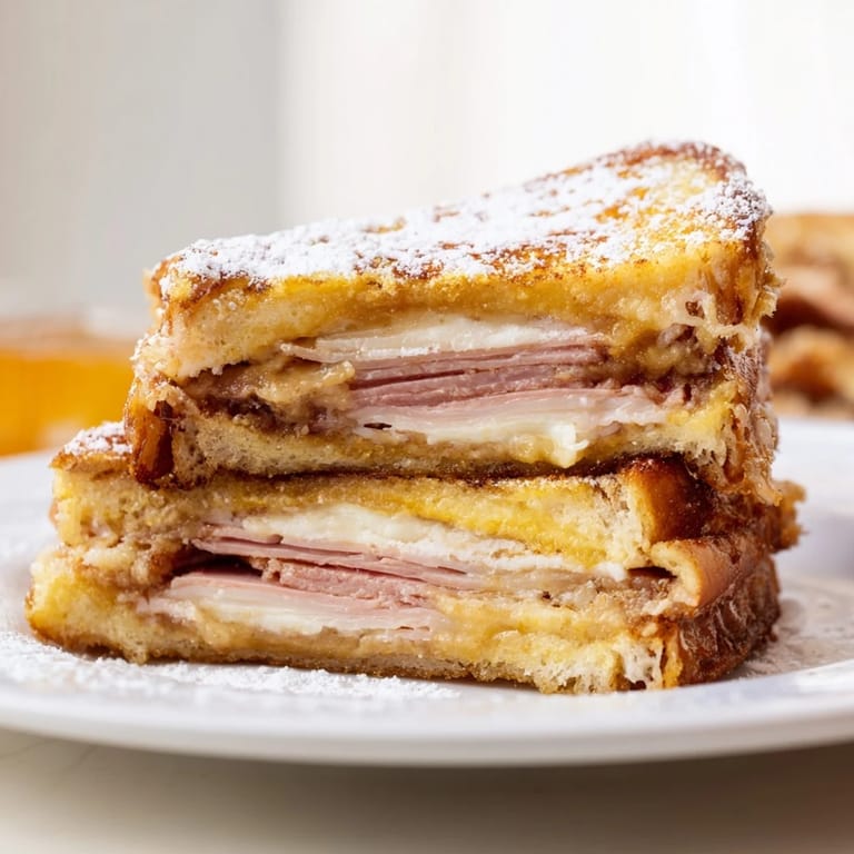 Melted Swiss cheese and ham peek from crisp egg-battered bread in this classic Monte Cristo.