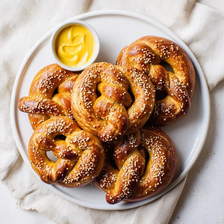 Oven-baked Soft Pretzels on a wooden board with mustard, perfect for snacking or sharing at parties.