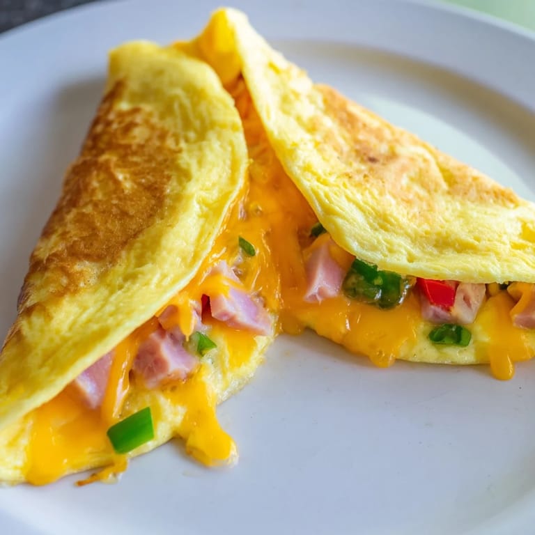Denver Omelet garnished with fresh parsley, featuring fluffy eggs, ham, peppers, onions, and melted cheese.