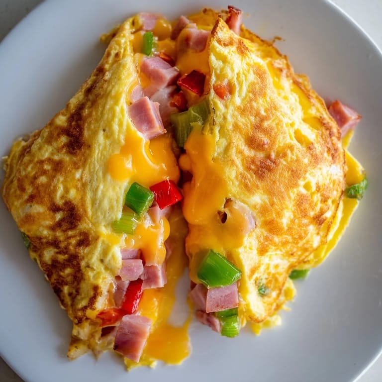 A warm Denver Omelet filled with ham, bell peppers, and onions, served beside buttered toast and hash browns.