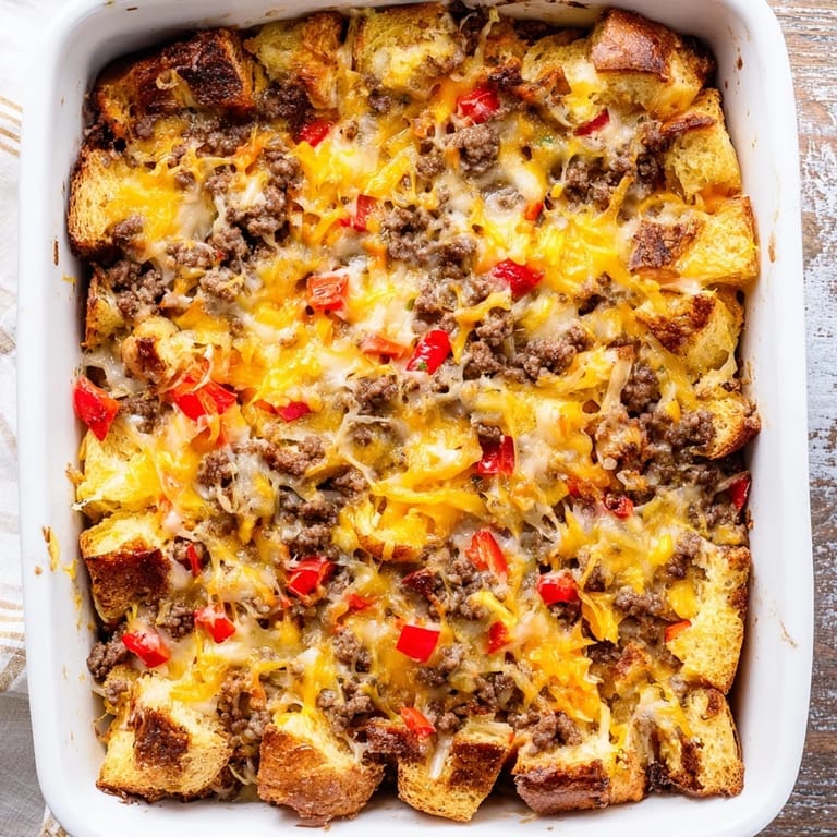 Sliced squares of savory Breakfast Sausage Casserole plated on white ceramic with steam rising, showcasing fluffy egg, sausage, and bread texture.