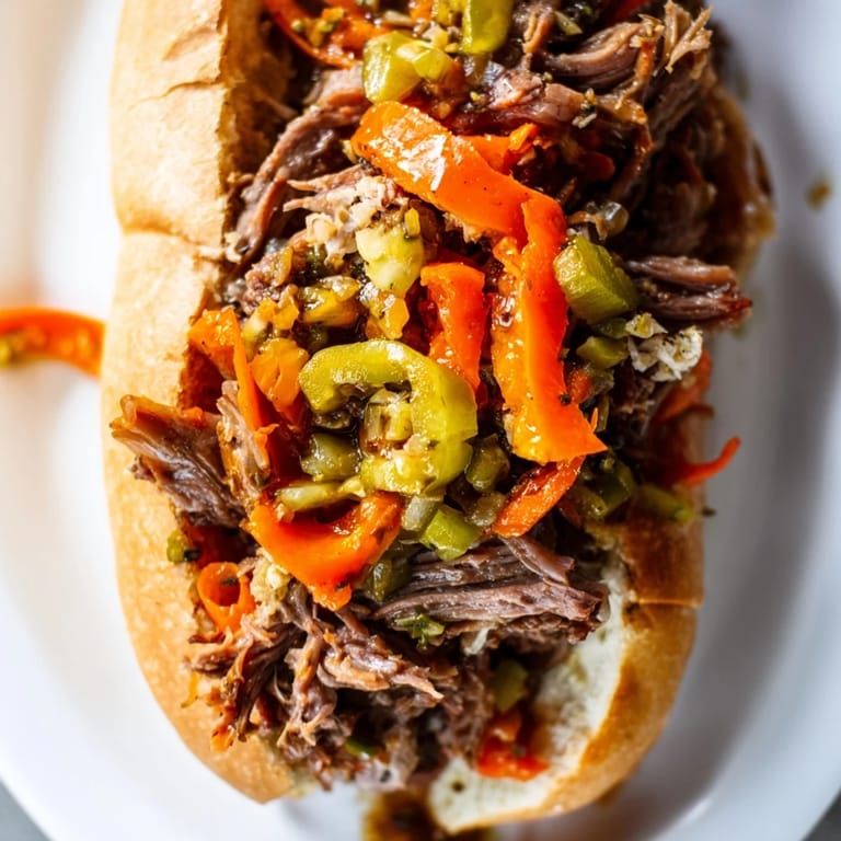 Homemade Italian Beef Sandwich on a toasted roll, piled with shredded beef and spicy giardiniera, ready to serve for dinner.