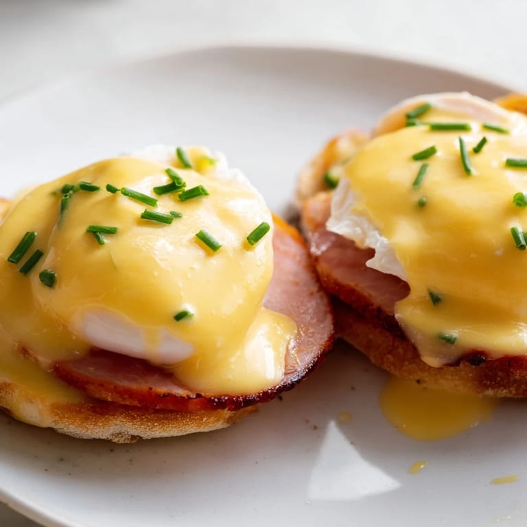 Toasted English muffin base with Canadian bacon and runny-yolk Eggs Benedict, garnished with fresh herbs and warm hollandaise for a classic breakfast.